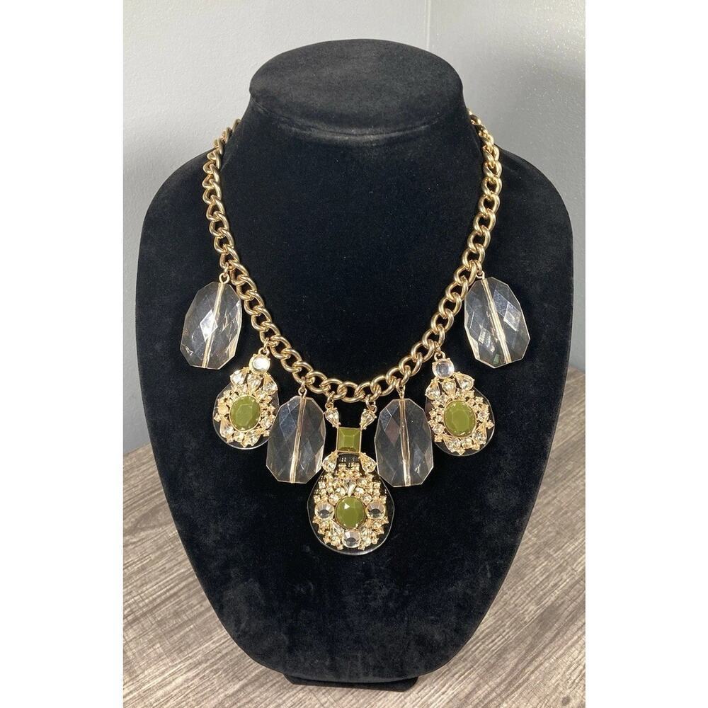 Banana Republic Bold Gold Tone Green Stone Thick Chain Statement Necklace 18"